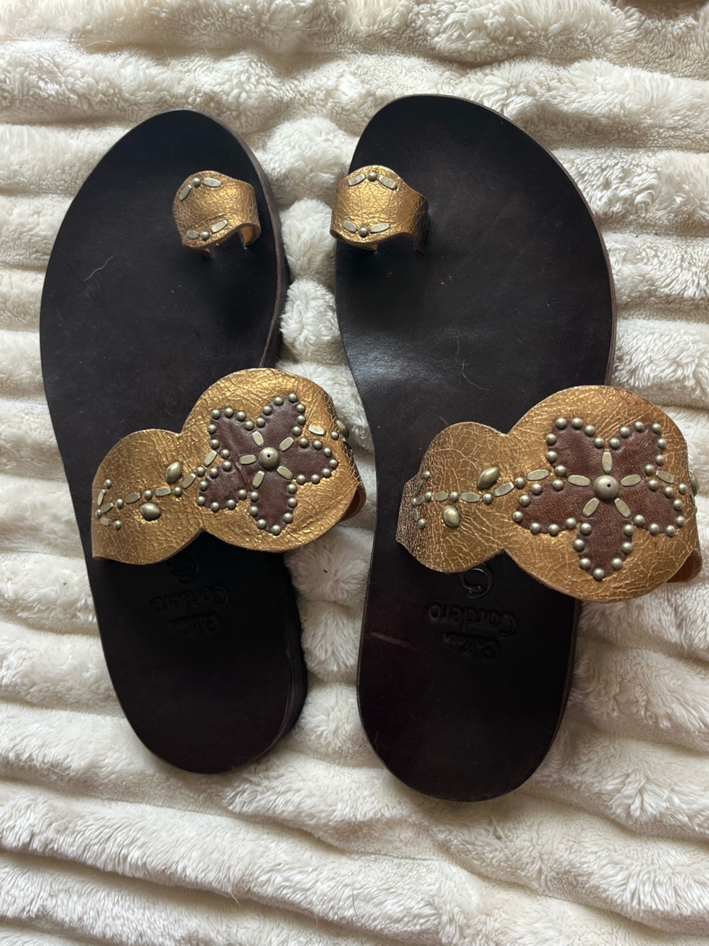 Calleen Cordero Handcrafted Leather Floral Toe-Ring Sandals in Gold and Brown
